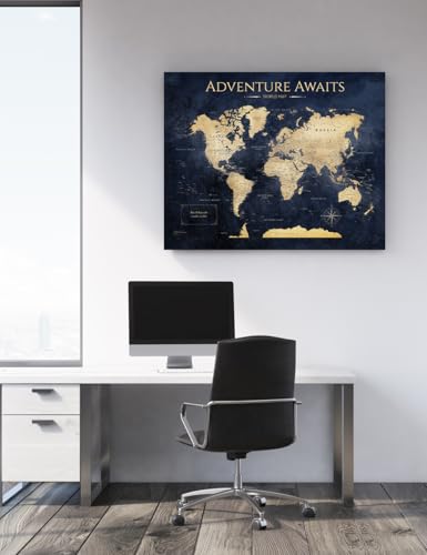 Image of IPIC - World Map Canvas Painting for Wall Decor, Pinnable Travel Map, 30 inch x 24 inch Blue and Gold
