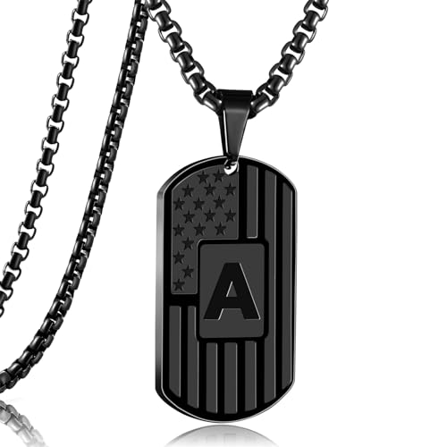 RWQIAN American Flag Initial Dog Tag Necklace for Men Boys, Stainless Steel Letter A-Z with 24 Inch Chain Military Pendant Jewelry Gift for Valentine's Birthday Christmas Anniversary Fathers Day