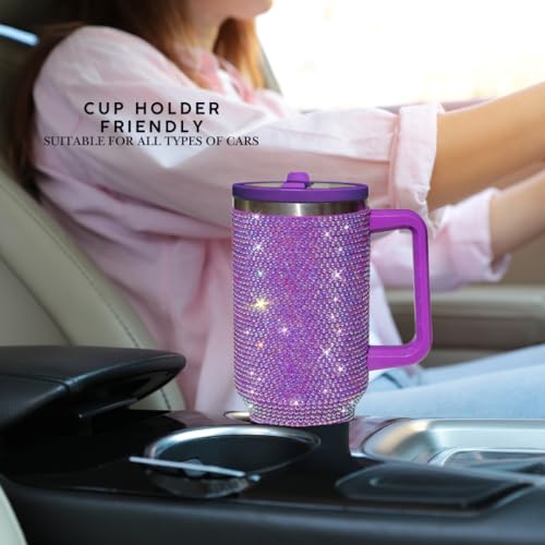 Image of 40 Oz Rhinestone Tumbler with Handle and Flip Straw | Insulated Stainless Steel Double Layer Bling Tumbler | Leak Proof Glitter Tumbler for Women | Reusable 1200ml Travel Bling Cups Lilac