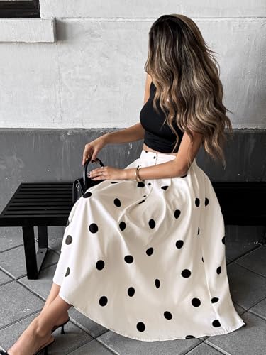 Wuitrie Polka Dot Skirt for Women 2025 Summer Causal Elastic Waist Vintage A-line Midi Skirts4