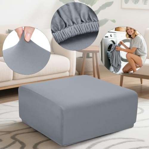 Image of YISUN Super Stretch Square Ottoman Cover - Soft Form Fit Ottoman Slipcover for Foot Stool & Folding Storage, Washable Furniture Protector with Non-Slip Elastic Bottom (L, Light Grey)