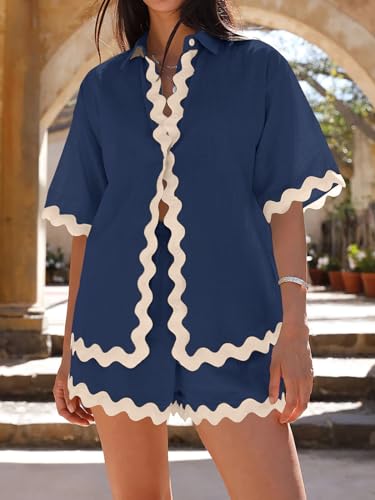Image of Danedvi Womens 2 Piece Outfits Beach Vacation Summer Short Sleeve Button Down Shirts and Shorts Lounge Sets