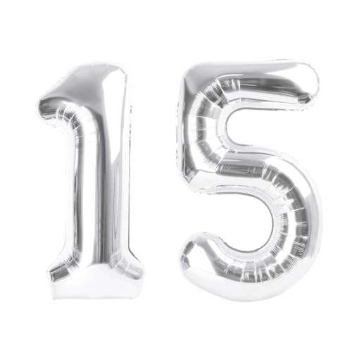 Image of Number Balloons Silver 15 Balloon 40 inch for 15 51 Birthday Decoration | Saturated Color, Large 40 inch, With Straw & Hanging Hole, For Back-To-School Season, Anniversary, Christmas, New Year