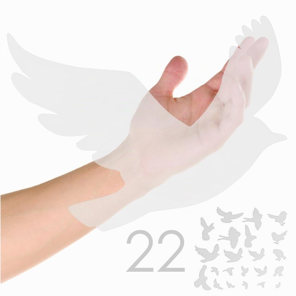 22 adesivi anticollisione per uccelli - Per evitare che gli uccelli urtino il vetro - Kit completo di cui 22 uccelli , spray e una spatola - Colore: Traslucido smerigliato