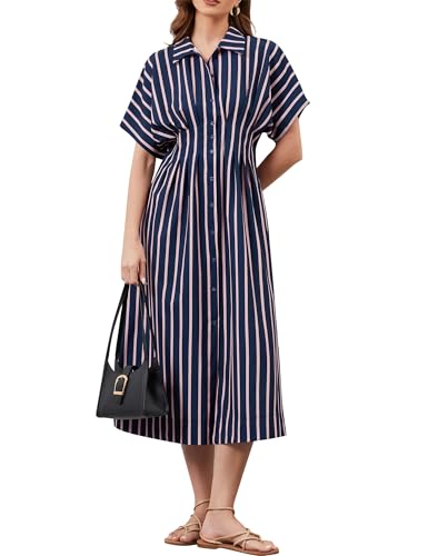 Image of Women Striped Button Down Shirt Maxi Dresses Summer Pleated Short Sleeve Collar Casual Corset Long Dress