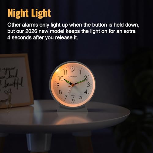 Image of 4.5 Inch Small Silent Analog Alarm Clock, Retro Battery Operated Desk Clock with Night Light Stays On 4 Seconds Vintage Metal Table Clock for Bedside, Nightstand, Bedroom, Office, Bathroom - White