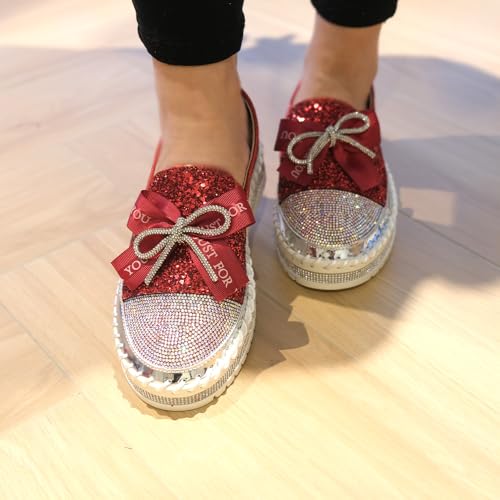 Image of Women's Fashion Rhinestone Slip On Sneakers Casual Comfort Platform Walking Shoes Cute Bowknot Glitter Bling Loafers