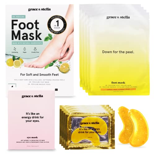 Grace & Stella Under Eye Mask (24 Pairs, Gold) + Foot Peel Mask (4