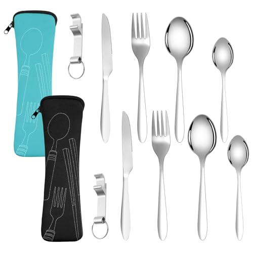 Vicloon Edelstahl Besteck Campingbesteck, 2 Personen Tragbare Outdoor Besteck Set, 10 Stück Edelstahl Sporks mit Bestecktasche, Reisebesteck für...