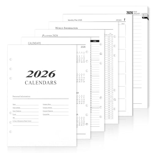 A5 Kalendereinlagen 2026 1 Tag 1 Seite, Daily Planner Refills, 6 Löcher 352 Seiten Monatsplaner 2026, Wochenplaner Einlage mit Extra Notizen Kontakt for Ringbuch A5 Nachfüllbar