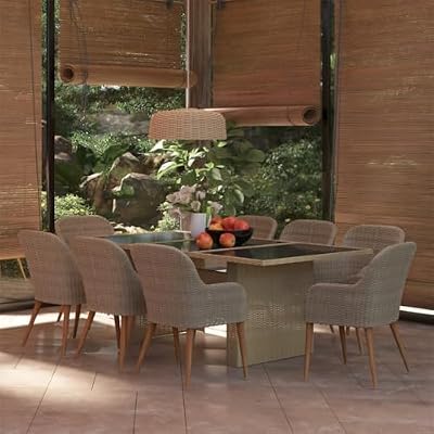 KLGBNCVE 9 Piece Patio Dining Set with Glass Tabletop, Powder Coated Steel Frame, PE Rattan Brown, and Soft Seat Cushions
