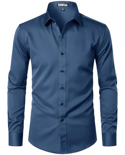 ZEROYAA Men's Long Sleeve Dress Shirt Modern Slim Fit Wrinkle-Free Casual Business Button Up Shirts ZSSCL07-Deep Blue Large