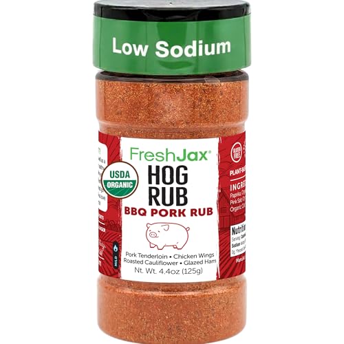 FreshJax Organic Hog Rub Pork BBQ Seasoning – 4.4 oz Sweet & Savory Dry Rub for Ribs, Pork Chops, Tenderloin & Roasts | for Grilling, Roasting & Slow Cooking | Low Sodium, Large Bottle - Made in USA