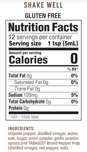 Image of TABASCO Brand Chipotle Pepper Sauce, Medium Hot Sauce, Glass Bottle, Chipotle Peppers, Smoky & Smooth, Great for Marinating or Grilling Meats, Chicken Burritos, & More, 2 Fl Oz (Pack of 1)