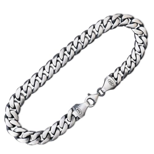 Classic Cuban Link Bracelet for Men - Solid 925 Sterling Silver with Matte Finish - Heavy Curb Hand Chain Bracelet Thick 8 mm - Handmade Vintage Style Jewelry - Gift Box