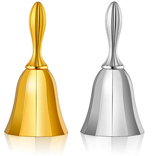 2 Pieces Hand Bell, Call Bell, Wedding Bell, Dinner Bell, Classroom Bell for School Meditation Wedding Pet, Gold and Silver