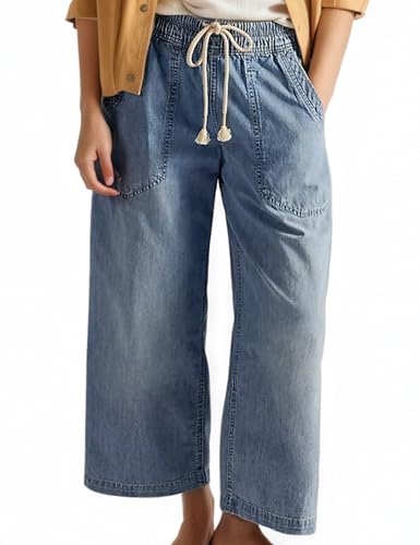 Womens Wide Leg Jeans Mid Rise Drawstring Ankle Baggy Casual Elastic Denim Pants Fashion Boyfriend Jeans