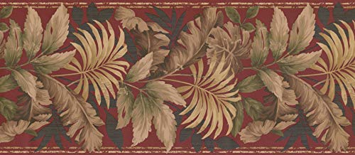 Prepasted Wallpaper Border - Beige Green Leaves Abstract Garnet Red Wall Border Retro Design, Roll 15 Ft. X 8 In. #TOP2