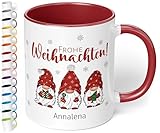 Weihnachtstasse mit Namen „Frohe Weihnachten!“ - mit 3 Wichtel-Motiv - 330ml - personalisierter Keramik Kaffeebecher mit Spruch – individuelles kleines Geschenk zu Weihnachten (Bordeaux)
