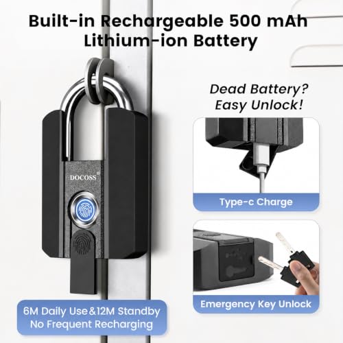 Image of DOCOSS Fingerprint Door Lock, Heavy-Duty Smart Padlock, Fingerprint Lock with 3-Way Unlock (Fingerprint /App /2 Keys),USB Rechargeable, Waterproof Lock for Suitcase,Home, Office, Gym Locker, Gate