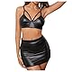 HOTSO Frau Sexy Strapsen Dessous Set, Latex Negligee Hot Leder Outfit PU Lackleder Korsettkleid Top und Rock Set Tiefes V Leotard Überkreuzte Schultergurte für Damen Paare Outfit (Schwarz 2, L)