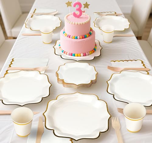 Anstore Partygeschirr Set, 200 Stück Partyteller Weiß mit Gold Goldrand mit Gabeln Messer Löffel Servietten Teller Becher, Einwegteller Pappteller Für 25 Gäste für Geburtstags Hochzeiten Partyzubehör