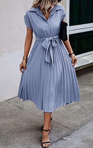Image of ECOWISH Womens Casual Midi Dresses Solid V Neck Short Sleeve Button Shirt Belted Dress with Pockets for Spring Summer 2026