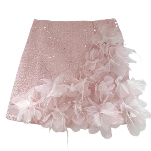 Women's High Waist Tweed A Line Mini Skirt Slim Fit Sequin Applique Decoration Elegant Korean Fashion Skirt