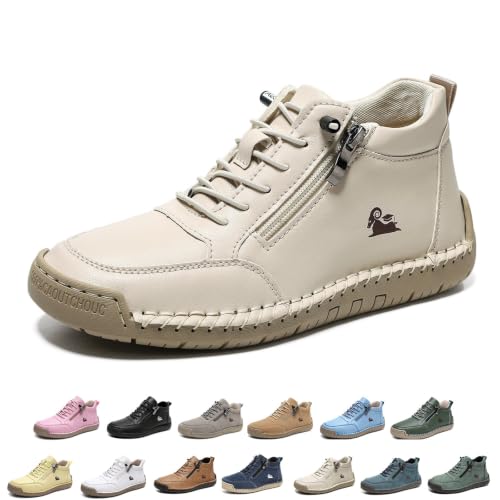 Image of Women's Leather Comfy Shoes,Lace Up Trainers with Side Zips Footwear Beige