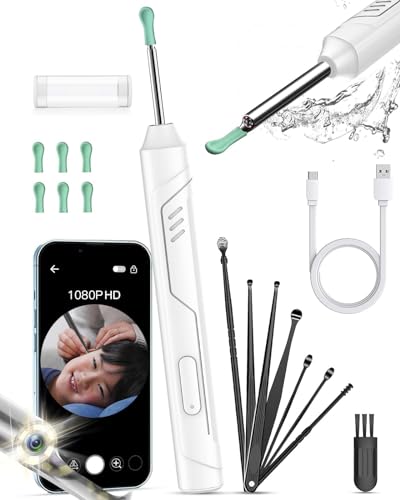 Ear Wax Removal, 1080P FHD Wireless Otoscope Earwax Removal Tool, WiFi Ear Endoscope with LED Lights, 3mm Mini Visual Ear Inspection Camera Silicone Ear Pick for Adults Kids Pets (White)