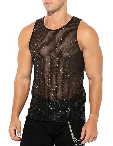 Arjen Kroos Men's Mesh Sparkly Tank Top Shiny Sheer Disco Rave Fishnet Tops,Black,Medium