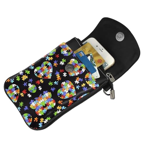 women leather Cell Phone Purse Autism Awareness Puzzle Pieces Heart picture Soft, durable and waterproof PU leather Convenient for daily use and travel, Black4