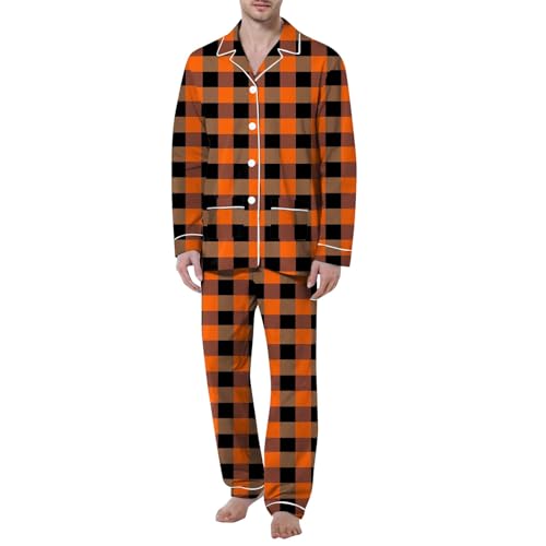 MODSGUE Pijama para hombre, pijama de dos piezas, ropa de dormir larga, camiseta de manga larga y pantalones de salón, monocolor, cómodo, supersuave, conjunto de ropa de dormir, naranja, M
