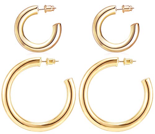 14K Gold Colored Lightweight Chunky Open Hoops | Gold Hoop Earrings for Women Silver Post Hypoallergenic Earrings 2 Pcs Set