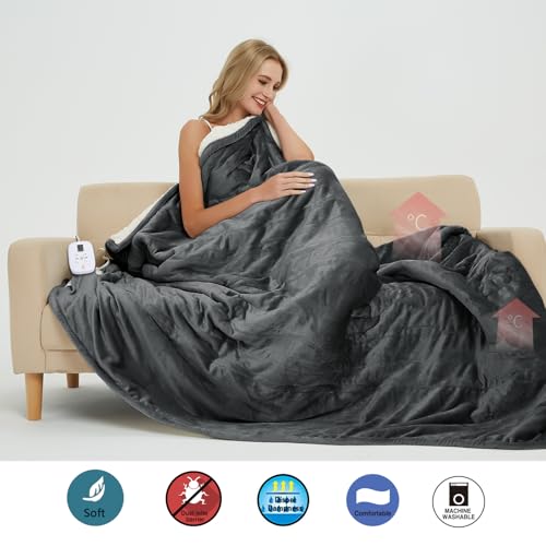 Electric Blanket MicroPlush Sherpa and Reversible Flannel Washable Comfortable (Charcoal, 100 x 90'')