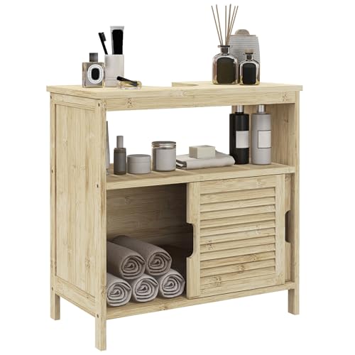 HOMCOM Meuble sous lavabo en Bambou, Meuble de Rangement pour Salle de Bain, avec 2 Portes coulissantes, étagère Ouverte, Structure en Bambou, 60 x 30 x 60...
