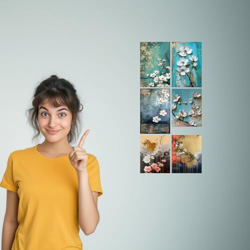 Image of Elegant Teal Gold & White Floral Art Print Set - Set of 2-4x6 Inch - Board (Pack of 6) - Sticker (Pack of 6) Wall Room Decoration art Poster Prints