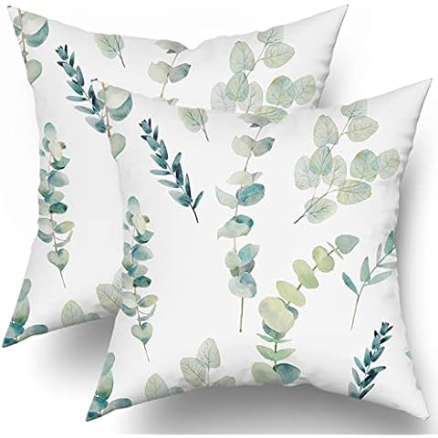 Sweetshow Sage Green Pillow Covers 18X18 Inch Eucalyptus Branches Floral Watercolor Decorative Leaf Print Throw for Home Sofa Cotton Seafoam Blue Gray Square Cushion Pillowscase, Set of 2 Cover