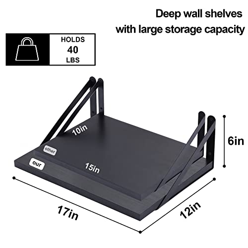 Marsmiles Black Floating Shelves, 12 Inch Deep Wall Mounted Shelves Set Of 2, Modern Floating Wood Shelves For Wall Decor Large Storage Shelves For Bathroom Bedroom Kitchen Living Room #TOP2