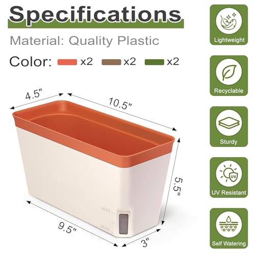 Image of OurWarm Windowsill Herb Planter Box Set of 6, 10.5 Inch Self Watering Pots for Indoor Plants, Flower Box with Water Level Window, Colorful Plastic Flower Pots & Planters for Herbs, Vegetables, Flowers