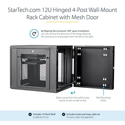 Image of StarTech 12U Wall-Mount Cabinet, 19in, 4-Post, 24in Deep (RK1232WALHM) | Hinged enclosed locking server rack kit for IT data equipment, Adjustable depth 2.4-24in, SPCC steel, Assembled