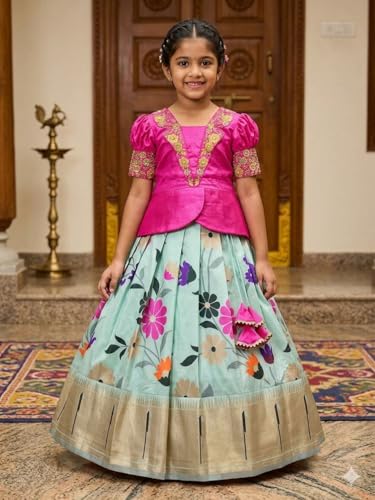 Image of White Button Girls South Indian Pattu Pavadai | Traditional Digital Print Satin Lehenga Choli Set