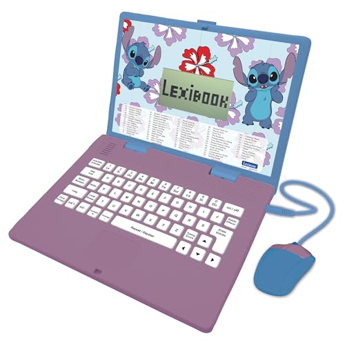 Lexibook, Disney Stitch, Ordenador Educativo bilingüe en inglés/español, 124 Actividades de lenguaje, Escritura, matemáticas, lógica, música y Juegos, para niños y niñas, JC598Di2