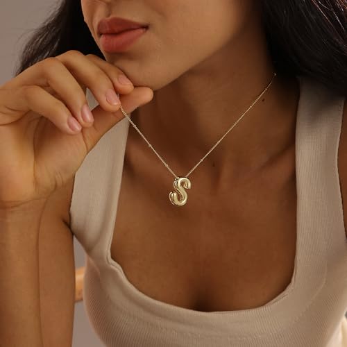 Bubble Gold Letter Necklace for Women, 14k Gold Plated Balloon Initial Letter Pendant Necklace Dainty Charm Initial Necklaces for Women Trendy Chunky Custom Name Necklace Gold Jewelry for Womens3