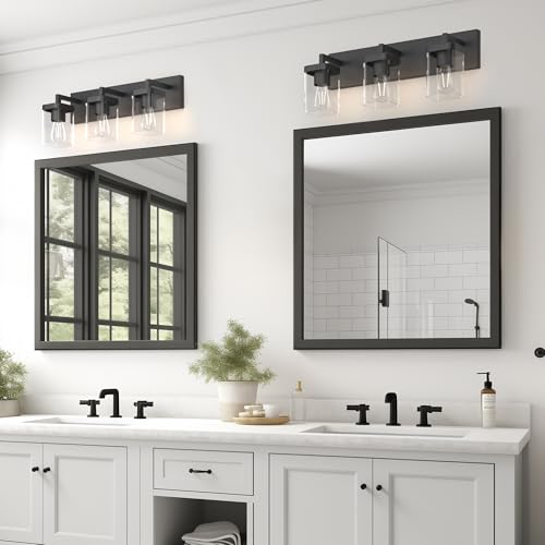 Image of Bathroom Lighting Fixtures Over Mirror, Square Design & Rectangle Large Backplate, 3 Lights Morden Vanity Lighting Fixtures, Bathroom Light Fixtures for Bathroom /Living Room /Bedroom, Black