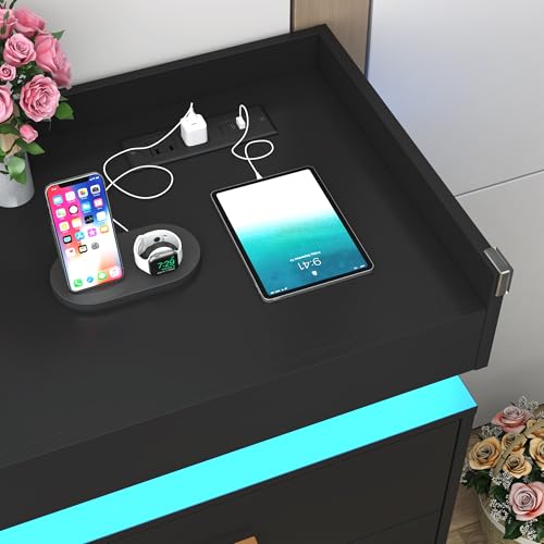 Image of Hlivelood 12 Drawer Dresser with LED Light and Charging Station, 70 inch Modern Chest of Drawers for Closet, Wide Drawer Organizer Cabinet for Bedroom, Living Room, Entryway, Hallway, Black
