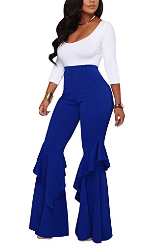 Aro Lora Women's High Waist Ruffle Casual Party Flare Wide Leg Pants Trousers Medium Blue