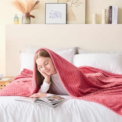 Image of EMME Fleece Throw Blanket Luxury Flannel for Couch Bed Sofa Chair, Soft, Plush, Warm and Cozy Blanket with Geometric Grid Design (Coral Red, 60'' x 80'')