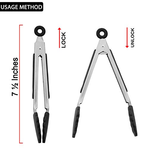 HINMAY Small Serving Tongs with Silicone Tips 7 Inch Mini Stainless Steel Food Tongs, Set of 3 (Black)