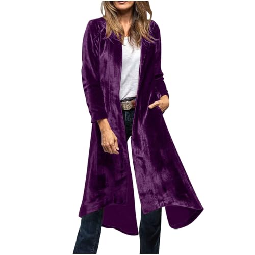 Long Velvet Cardigan for Women Open Front Long Sleeve Loose Jacket Outerwear Back Split Duster Coat with Pockets